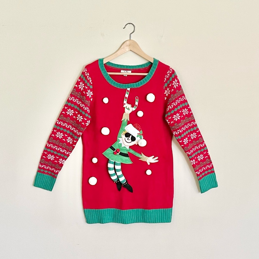 Kela Ugly Christmas Sweater Red Green Hanging Elf Jingle Feet Women’s Medium